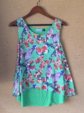Cynthia Rowley Butterfly Print Sleeveless Top XL Green Colorful Boho Artsy